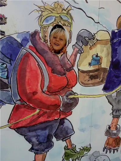 Een grappige afbeelding van een stripfiguur in bergbeklimuitrusting. Het gezicht van een klein kind is in de tekening ingevoegd.