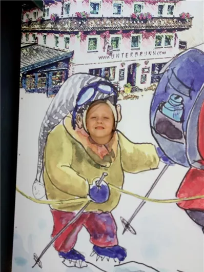 Een grappige afbeelding van een getekende skier met het gezicht van een kind. De achtergrond toont een pittoresk bergdorp.