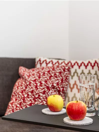 Een gezellige woonkamer met een grijze bank en kleurrijke kussens. Op een tafel staan twee appels en een glazen karaf met glazen.