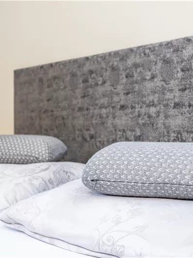 Een gezellige bed met twee grijze kussens op witte slaperkkussens. De hoofdbord is in een moderne, gestructureerde grijze kleur uitgevoerd.