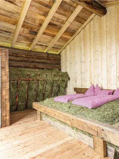 Een gezellige kamer met een houten vloer en een houten plafond. Het bed is ingericht met hooi en paarse kussens.