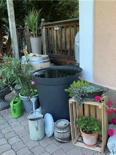 A well-maintained garden area with colorful flowers and various plant containers. In the foreground, there is a large black container, and next to it are wooden and metal decorations.