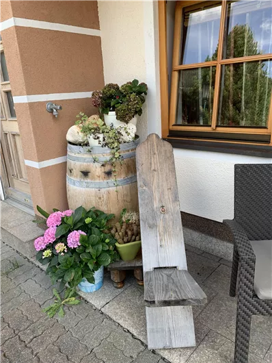 A wooden barrel with various plants and flowers stands in front of a window. Next to it lies a wooden chair on the floor.