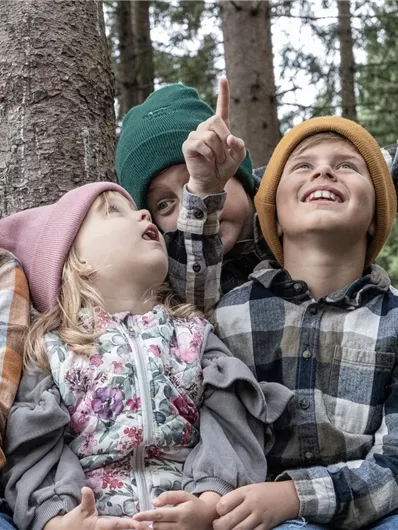 Vier Kinder sitzen an einem Baum und schauen lachend nach oben. Sie tragen bunte Mützen und gestreifte Hemden.