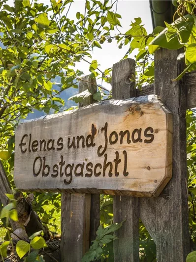 Een houten bord met de tekst „Elenas en Jonas Obstgäst'l“ staat voor een groene tuin. Omgeven door planten en bomen straalt de plek een uitnodigende sfeer uit.