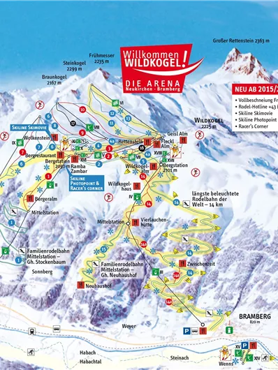 Een gedetailleerde skikaart van de Wildkogel-Arena, omgeven door met sneeuw bedekte bergen. De kaart toont verschillende pistes, liften en belangrijke punten van de regio.