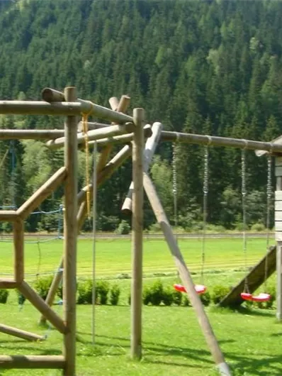 Een speeltuin met houten elementen en een glijbaan. Op de achtergrond zijn groene weilanden en bossen zichtbaar.