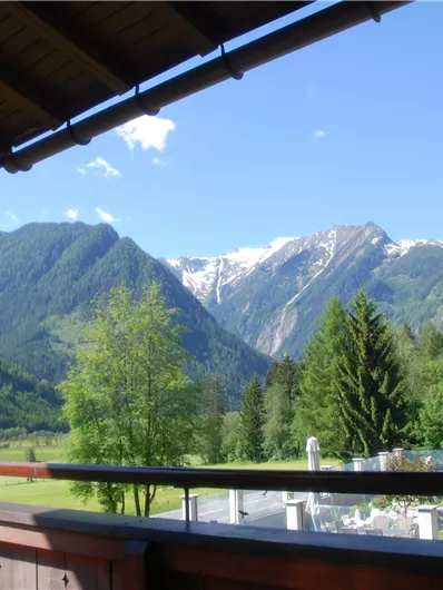 Eine malerische Aussicht auf die Berge mit schneebedeckten Gipfeln und üppigem Grün. Der Himmel ist klar und blau, was die Schönheit der Natur unterstreicht.