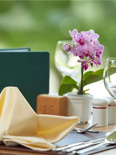Een fraai gedekte tafel met servetten, bestek en een glas. Een bloeiende orchidee en een menukaart completeren de aantrekkelijke tafelversiering.