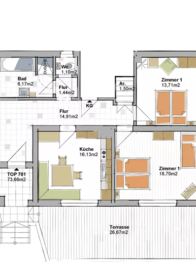 Een plattegrond van een appartement met verschillende kamers zoals een keuken, badkamer en drie kamers. Ook is het terras ingetekend.