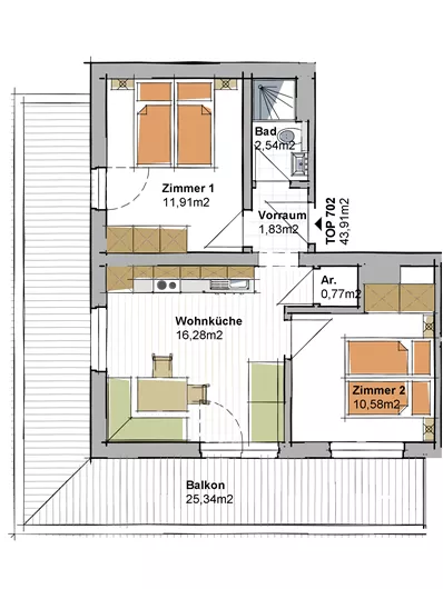 Een appartement met twee slaapkamers, een woonkeuken en een balkon. De indeling is goed gestructureerd en biedt voldoende ruimte voor een gezin.