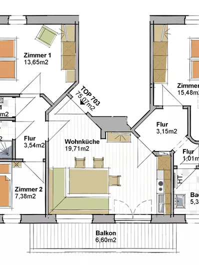 Dit is een plattegrond van een appartement met meerdere kamers en een balkon. De woonkeuken en de indeling van de ruimtes zijn goed doordacht.