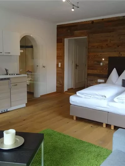 Ein modernes Zimmer mit einem Bett, einer Küchenzeile und einem gemütlichen Sitzbereich. Der Boden ist aus Holz, und es gibt einen grünen Teppich sowie eine dekorative Wand aus Holz.
