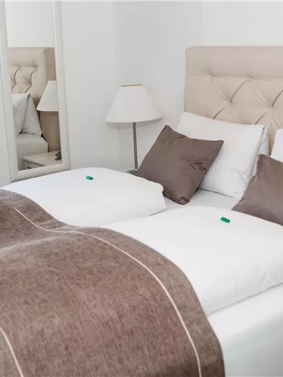 Ein gemütliches Schlafzimmer mit einem Doppelbett und eleganter Bettwäsche. Im Hintergrund sind ein Nachttisch und ein Spiegel zu sehen.
