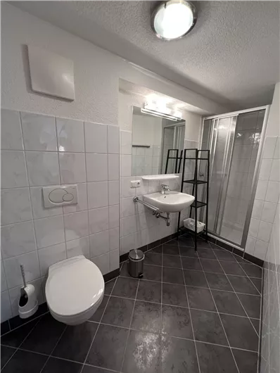 A modern bathroom with a shower, sink, and toilet. The walls are tiled in light colors and the floor is paved in dark tones.