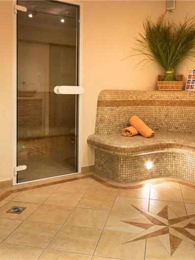 Een ontspannende wellnessruimte met mozaïekbanken en een sauna. Zacht licht en planten creëren een rustgevende sfeer.