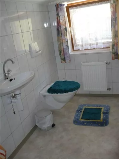 Ein einfaches Badezimmer mit hellen Fliesen und einem Fenster. Es enthält ein Waschbecken, eine Toilette und einen Teppich in Blau und Grün.