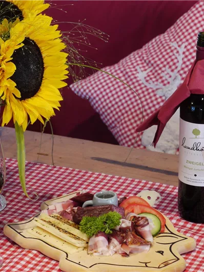 Een rustieke tafel met een selectie van worst en kaas op een houten plank. Daarbij staan een rode wijn en een boeket met zonnebloemen.