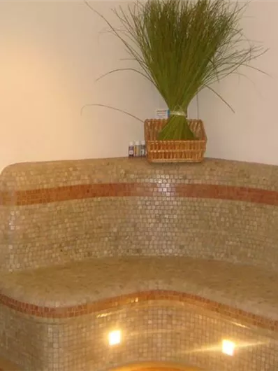 Een elegante wellnessruimte met een betegende bank en zachte verlichting. Op de achtergrond is een gebied voor stoombaden zichtbaar.