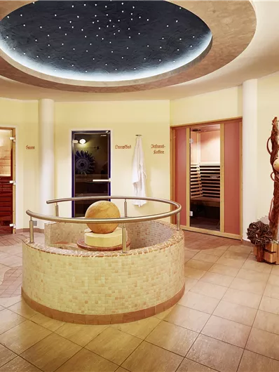 Een ontspannende wellnessruimte met elegante douches en zachte verlichting. Het plafon is ontworpen met een sterrenhemel, wat een rustgevende sfeer creëert.