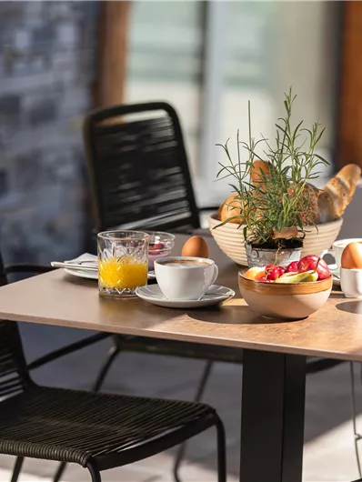 A table outdoors with breakfast options. Fruits, rolls, and drinks are neatly arranged.