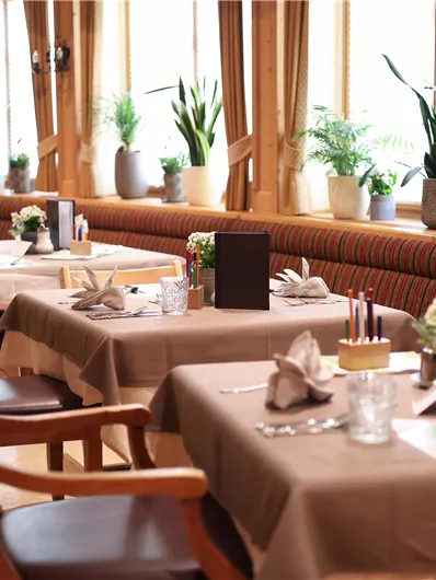 Ein einladendes Restaurant mit mehreren gedeckten Tischen. Große Fenster lassen viel Licht herein und bringen die Pflanzen zur Geltung.