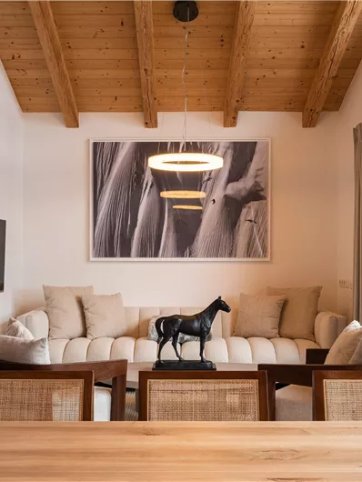 Ein modernes Wohnzimmer mit Holzdecke und bequemen Sofas. Ein kleiner Pferdefigur schmückt den Tisch und große Fenster sorgen für viel Tageslicht.