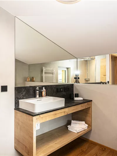 Een moderne badkamer met een wastafel op een houten tafel en grote spiegels. De ruimte is licht en minimalistisch ingericht, met uitzicht naar buiten op de natuur.