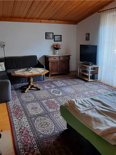 Een gezellige woonkamer met een bank, een tafel en een televisie. Grote ramen laten veel daglicht binnen.