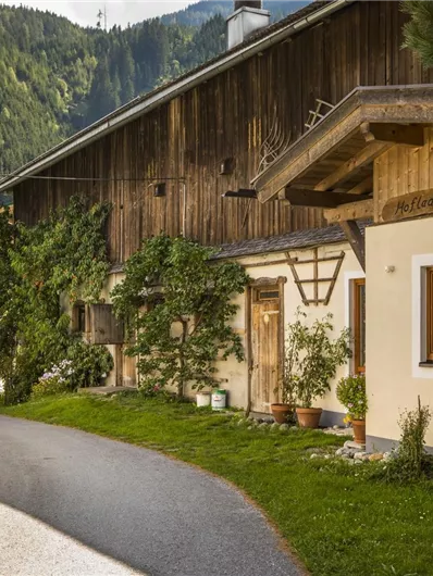 Een charmante boerderij omgeven door groene natuur. De straat loopt zachtjes langs de gevel, terwijl de bergen op de achtergrond zichtbaar zijn.