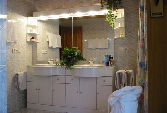 A bathroom with a large mirror and a double sink. The decor is bright and there are some green plants visible.