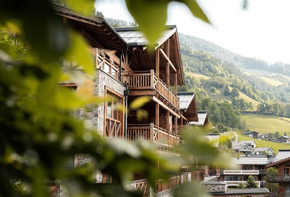 A wooden building with balconies in a mountainous landscape. In the foreground, green leaves are visible, forming a natural frame.