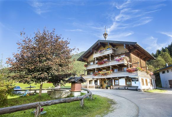 A picturesque wooden house with balconies, adorned with flowers. Surrounded by green meadows and a blue sky.
